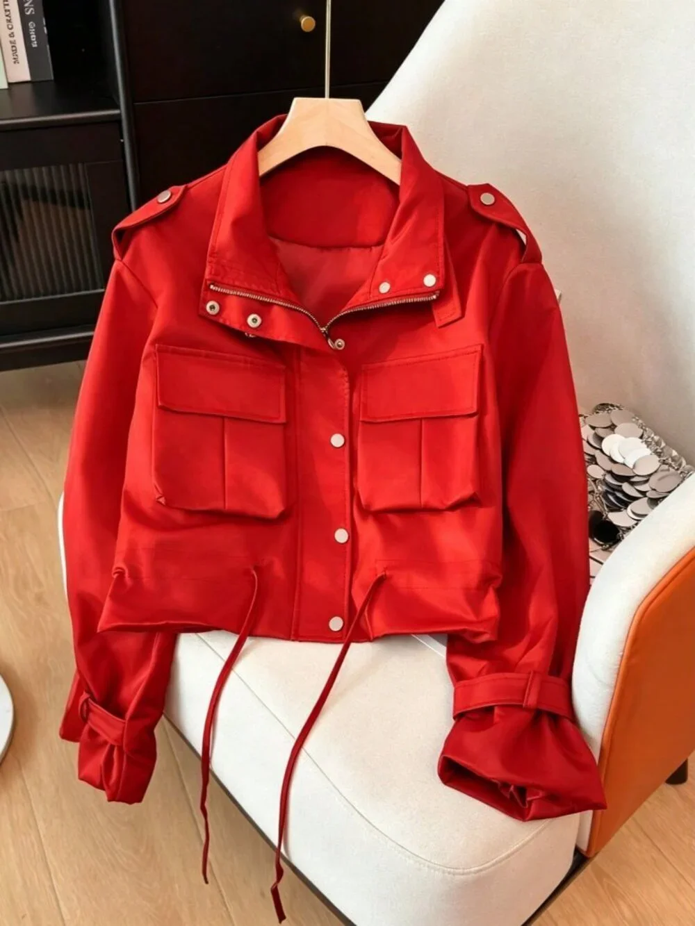 Red Casual Women's  Funnel Neck Multi-Pocket Waist Drawstring Utility Jacket